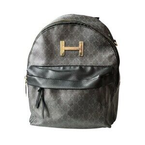 Halston Monogrammed Backpack Women’s Black Gold Tone Accents  READ